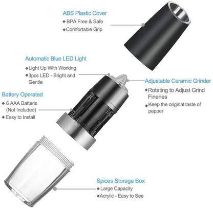 2PACK Gravity Electric Pepper and Salt Grinder Set Stainless Steel Black