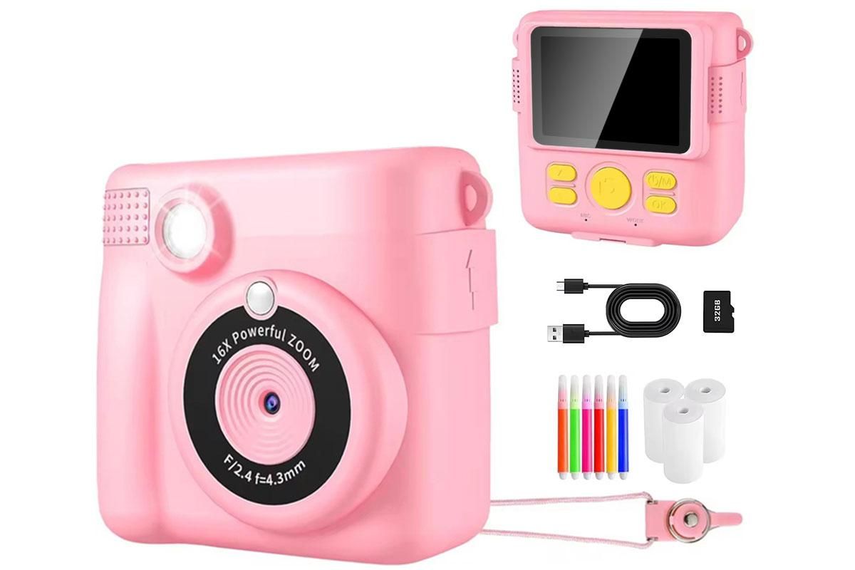 Instant Print Camera for Kids Zero Ink Print Photo Camera with 32G TF Card-Pink