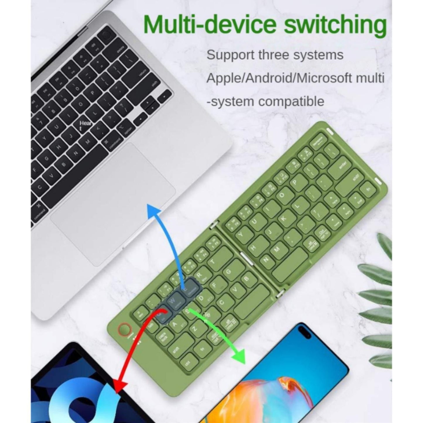 Foldable Bluetooth Keyboard B023 Dual Fold Portable Keyboard 3 Device Connection Green