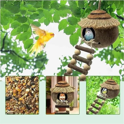 Hanging Coconut Shell Bird Nest With Ladder Cage Landscape Warm Bird House