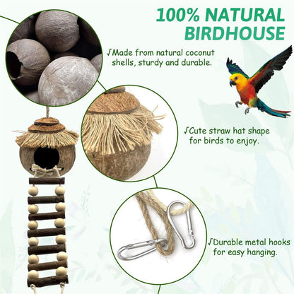 Hanging Coconut Shell Bird Nest With Ladder Cage Landscape Warm Bird House