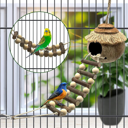 Hanging Coconut Shell Bird Nest With Ladder Cage Landscape Warm Bird House