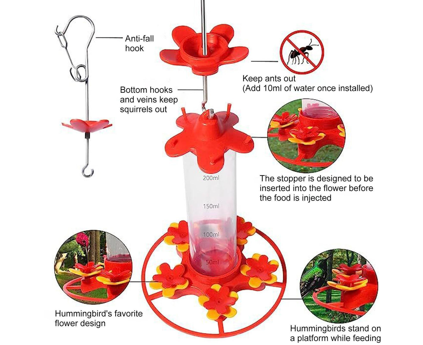 Hanging Feeder Hook Leakproof Hummingbird Feeder - Red