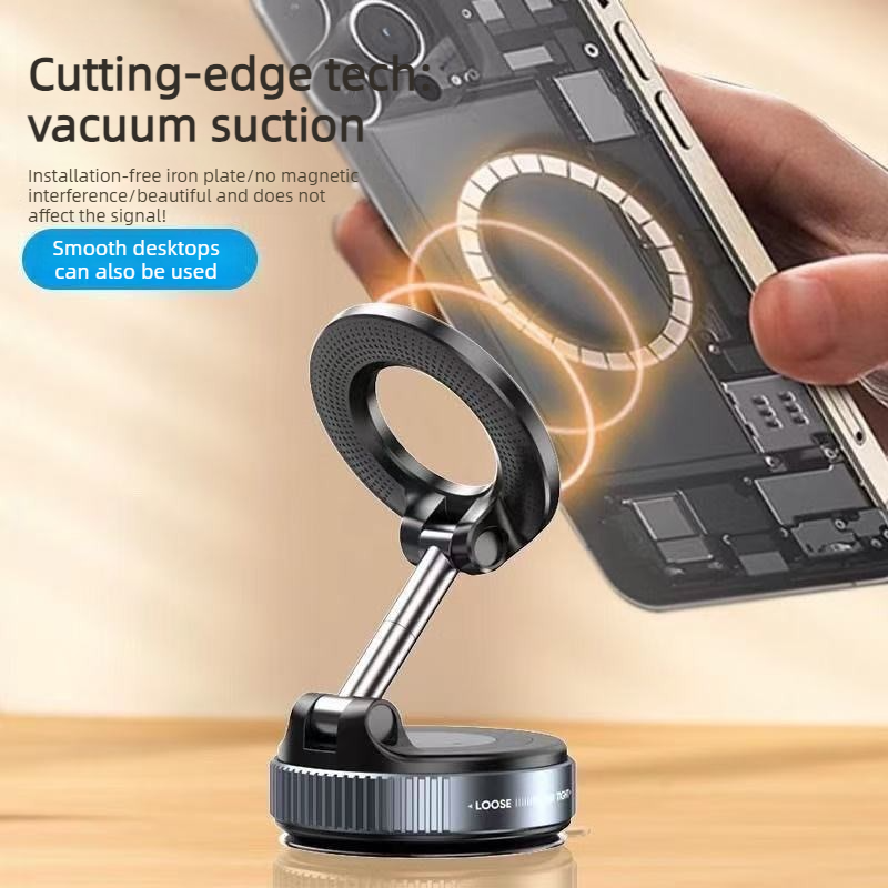 Vacuum and Magnetic Car Phone Mount, 3-Axis Foldable and Rotating Navigation Mount, Residue-Free Universal Desktop/Car Phone Mount - Black