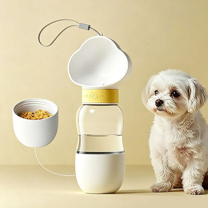 All-in-One Water and Food Pet Travel Cup 350ml Water + 200ml Food Storage Pet Outdoor Water Bottle - White