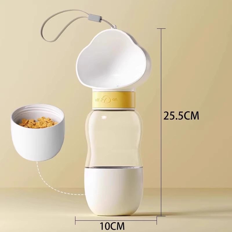 All-in-One Water and Food Pet Travel Cup 350ml Water + 200ml Food Storage Pet Outdoor Water Bottle - White