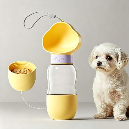 All-in-One Water and Food Pet Travel Cup 350ml Water + 200ml Food Storage Pet Outdoor Water Bottle - Yellow