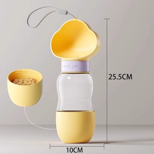 All-in-One Water and Food Pet Travel Cup 350ml Water + 200ml Food Storage Pet Outdoor Water Bottle - Yellow
