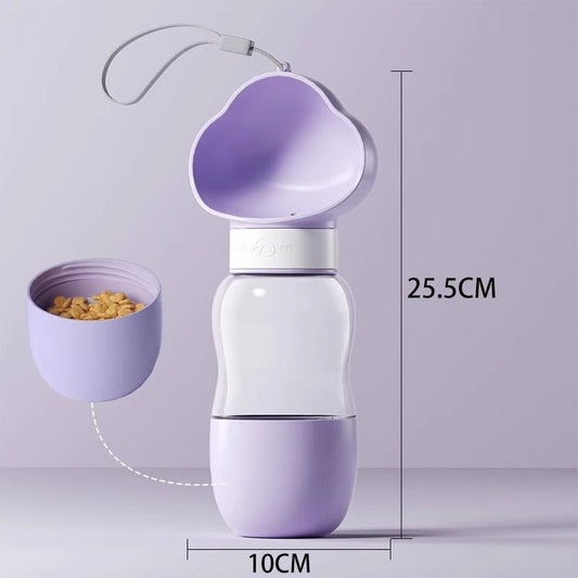 All-in-One Water and Food Pet Travel Cup 350ml Water + 200ml Food Storage Pet Outdoor Water Bottle - Purple