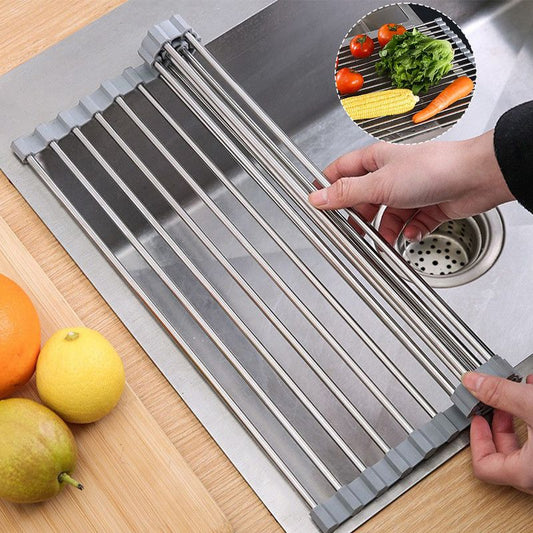 Roll Up Stainless Steel Sink Drying Rack, 47×35cm Multi-purpose Kitchen Sink Drain Mat with Non-slip TPE Edge for Fruits, Dishes