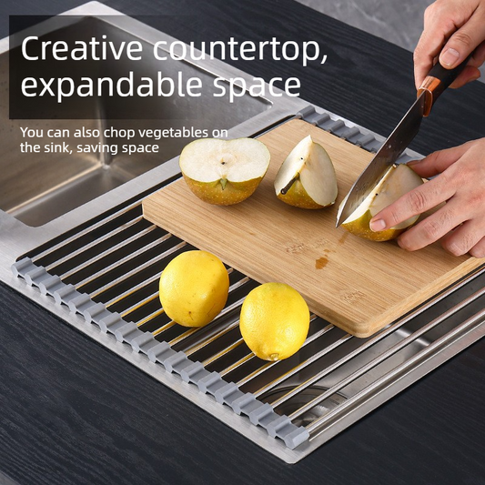 Roll Up Stainless Steel Sink Drying Rack, 47×35cm Multi-purpose Kitchen Sink Drain Mat with Non-slip TPE Edge for Fruits, Dishes