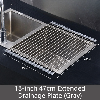 Roll Up Stainless Steel Sink Drying Rack, 47×35cm Multi-purpose Kitchen Sink Drain Mat with Non-slip TPE Edge for Fruits, Dishes