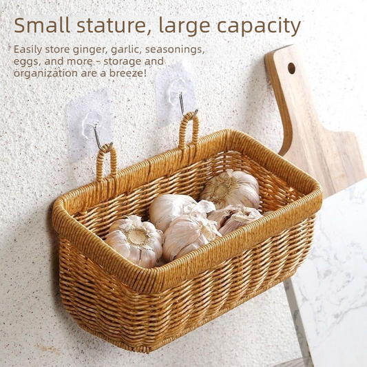 Artificial Rattan Wall Mount Storage Basket, Washable Plastic Woven Hanging Organizer for Kitchen Garlic Ginger Spice(S)