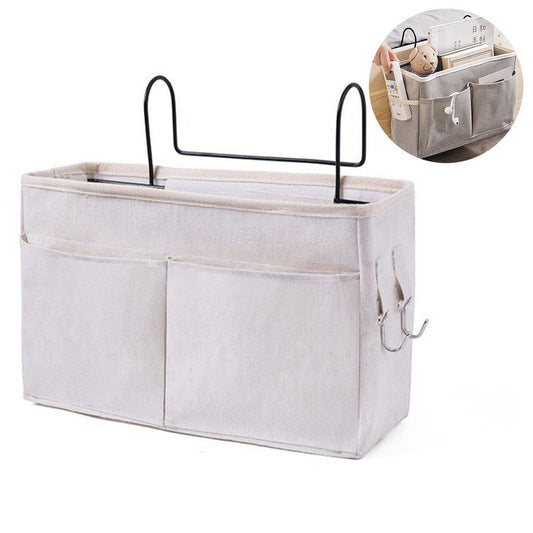 Bedside Caddy Storage Organizer with Metal Hooks, Multi-Pocket Linen Hanging Bed Caddy for Dorm Bunk Beds, Sofas—White