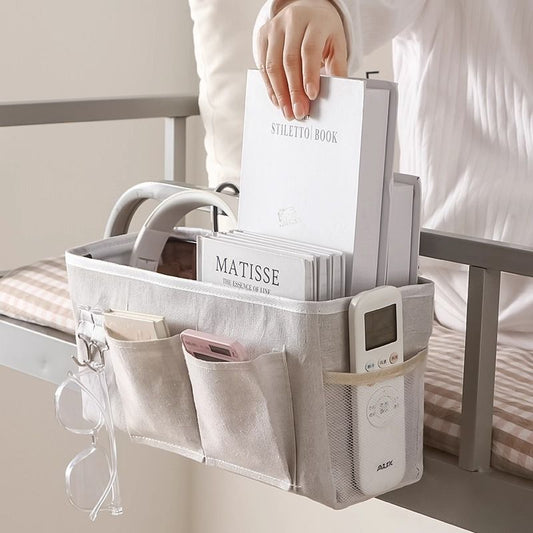 Bedside Caddy Storage Organizer with Metal Hooks, Multi-Pocket Linen Hanging Bed Caddy for Dorm Bunk Beds, Sofas—Gray