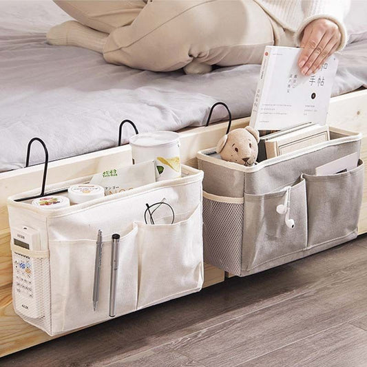 Bedside Caddy Storage Organizer with Metal Hooks, Multi-Pocket Linen Hanging Bed Caddy for Dorm Bunk Beds, Sofas—Gray