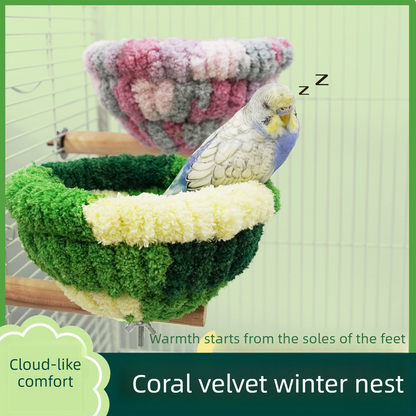 2-in-1 Parrot Perch Warm Bed Nest, Coral Fleece Hanging Bird Cage Sleeping Hut for Budgies, Cockatiels, Lovebirds, and Small Parrots - Winter Warm House - Green
