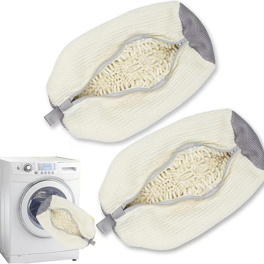 2-Pack Washing Machine Shoe Wash Bags, Thick Chenille Lining Anti-Deformation Laundry Bags with Durable Zippers for Sneakers and Canvas Shoes - White