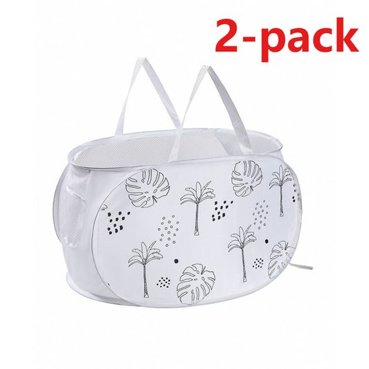 2-Pack Collapsible Laundry Basket, Large Capacity Printed Oxford Cloth Hamper with Handles for Bathroom Storage, Leaf Pattern - White