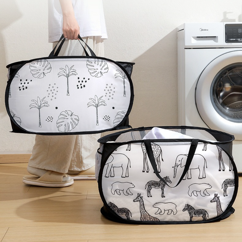 2-Pack Collapsible Laundry Basket, Large Capacity Printed Oxford Cloth Hamper with Handles for Bathroom Storage, Leaf Pattern - Black