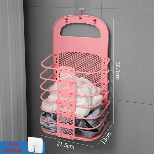 Wall-Mounted Foldable Laundry Basket, No-Drilling Hanging Dirty Clothes Hamper for Bathroom - Pink