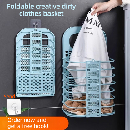 Wall-Mounted Foldable Laundry Basket, No-Drilling Hanging Dirty Clothes Hamper for Bathroom - Pink