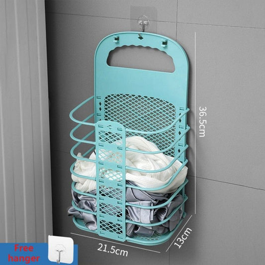 Wall-Mounted Foldable Laundry Basket, No-Drilling Hanging Dirty Clothes Hamper for Bathroom - Blue