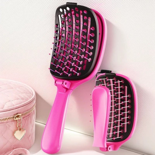 Self-Cleaning Foldable Vent Hair Brush, Portable Detachable Volumizing Scalp Massage Comb—Black + Pink