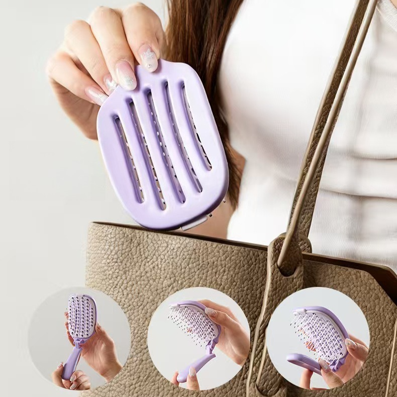 Self-Cleaning Foldable Vent Hair Brush, Portable Detachable Volumizing Scalp Massage Comb—Black + Pink