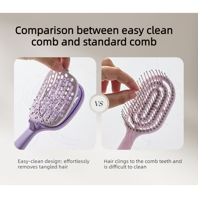 Self-Cleaning Foldable Vent Hair Brush, Portable Detachable Volumizing Scalp Massage Comb—Black + Pink