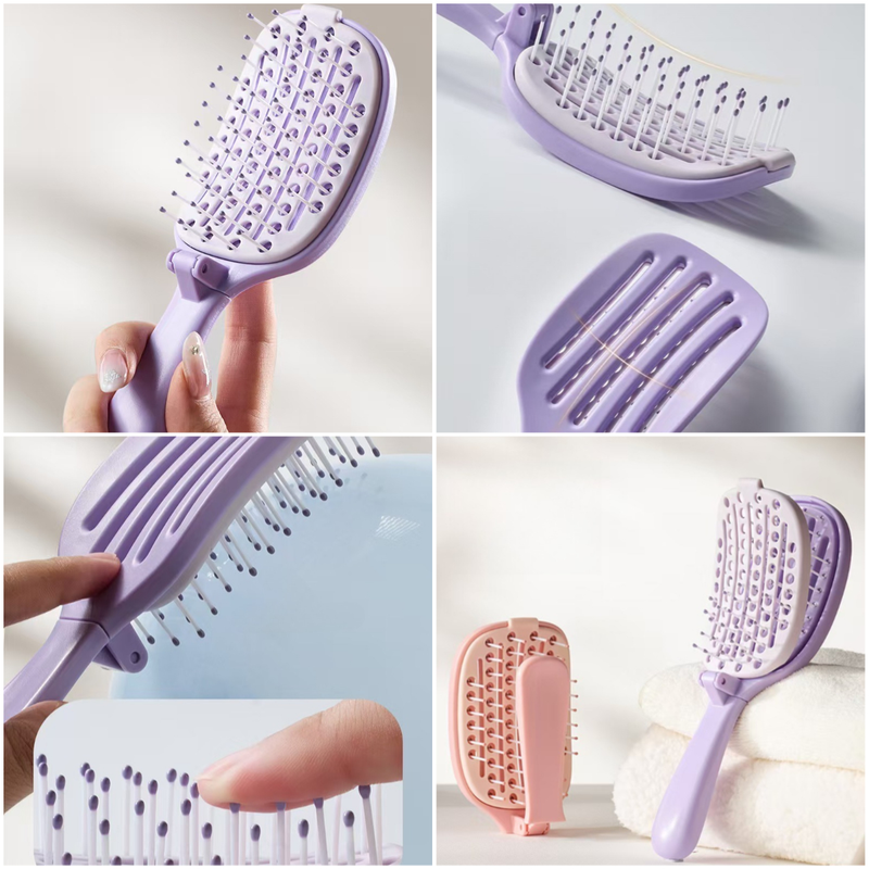 Self-Cleaning Foldable Vent Hair Brush, Portable Detachable Volumizing Scalp Massage Comb—Black + Pink