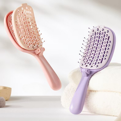Self-Cleaning Foldable Vent Hair Brush, Portable Detachable Volumizing Scalp Massage Comb—Black + Pink