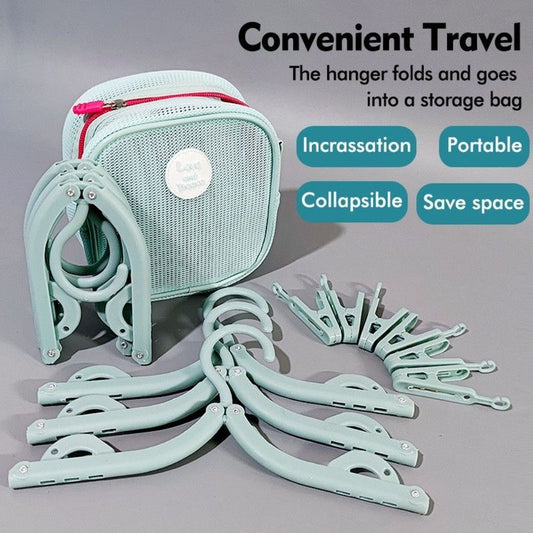 Portable Foldable Travel Clothes Hanger Set, Includes Clips, Clothes Rack With Storage Bag For Business Trips and Home Use—Blue