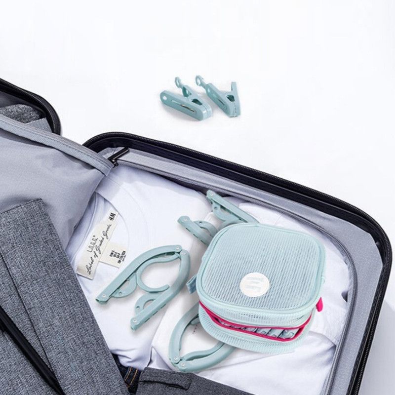 Portable Foldable Travel Clothes Hanger Set, Includes Clips, Clothes Rack With Storage Bag For Business Trips and Home Use—Blue