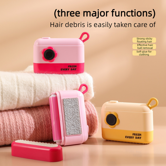 3-in-1 Camera-Shaped Washable Lint Roller, Reusable Portable Pet Hair Remover & Fabric Shaver Brush—Pink