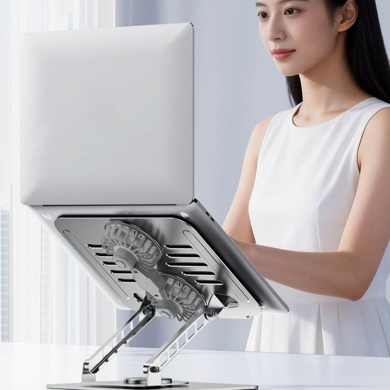 Dual Turbine Fan Cooling Metal Laptop Stand, Thick Dual Arms, Foldable, Height-Adjustable Riser—Gray