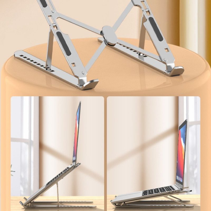 10-Gear Adjustable Aluminum Foldable Laptop Stand, Hollow Cooling Double Triangle Stable Riser—Black