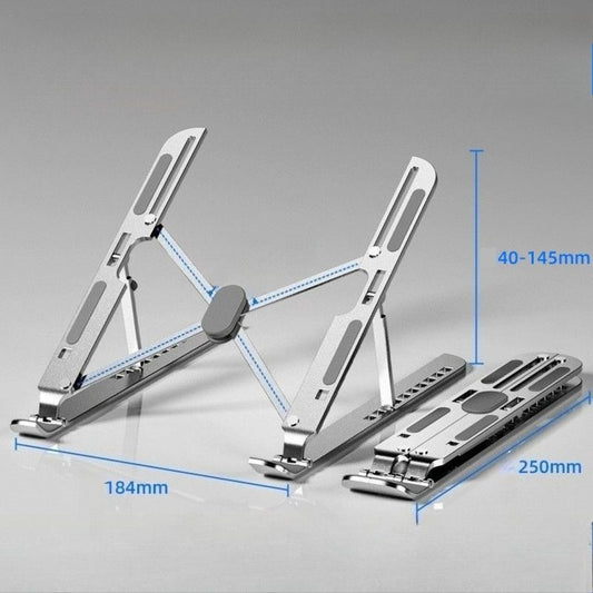 10-Gear Adjustable Aluminum Foldable Laptop Stand, Hollow Cooling Double Triangle Stable Riser—Silver