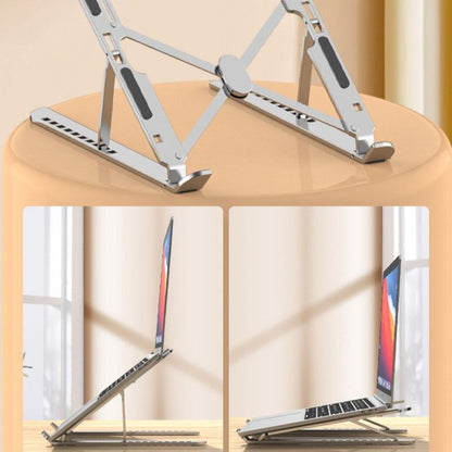 10-Gear Adjustable Aluminum Foldable Laptop Stand, Hollow Cooling Double Triangle Stable Riser—Silver