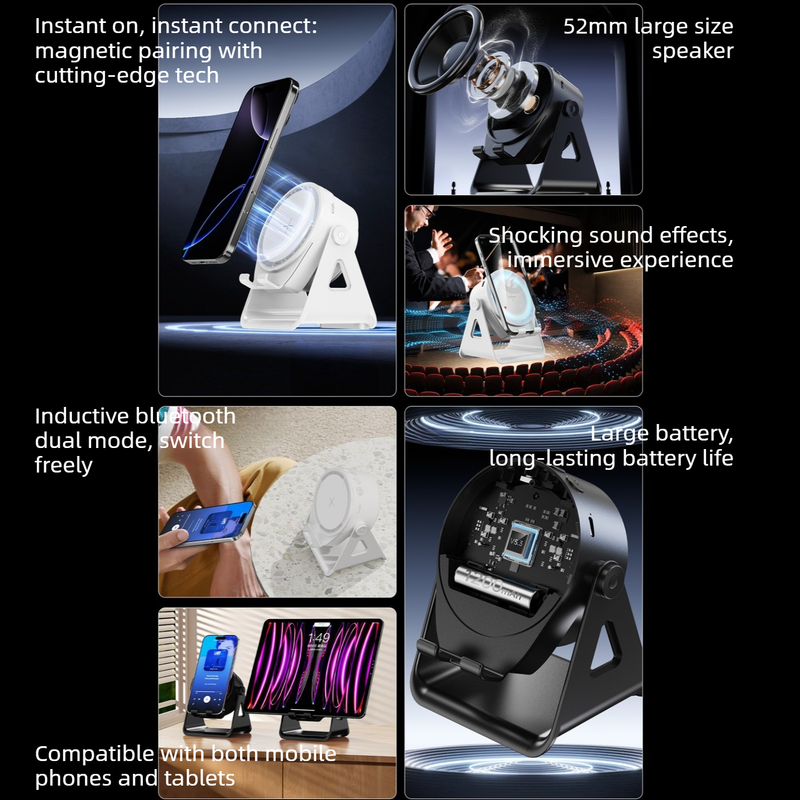 Dual-Mode Magnetic Induction Phone Stand Bluetooth Speaker, Rotatable Multifunctional Desktop Audio Speaker—Black