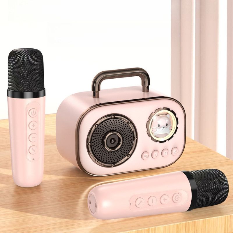 Dual Mic Karaoke Speaker, Portable Bluetooth Karaoke Audio Set, Family Wireless Microphone KTV Speaker—Pink