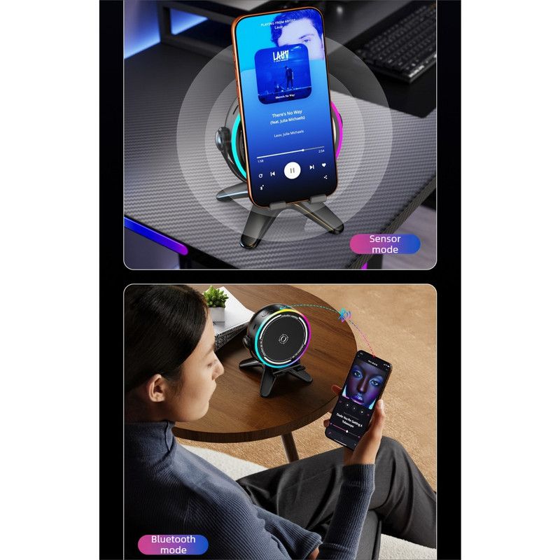Bluetooth Speaker 2-in-1 Phone Stand, Dual-Mode RGB Ambient Light, Hi-Fi Stereo Audio—Black