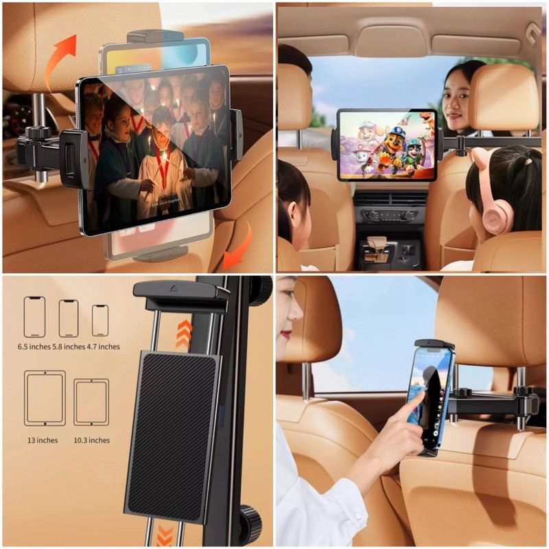 Car Back Seat Headrest Mount, Retractable Foldable Phone & Tablet 2-in-1 Holder For Vehicle Rear Seat