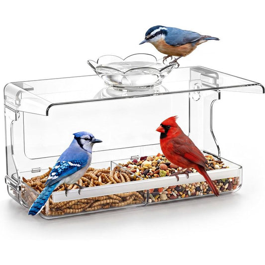 Window Bird Feeder with Non-Marking Self-Adhesive Hooks, Clear and Transparent, Outdoor Wild Bird Watching Gift, Garden Decor