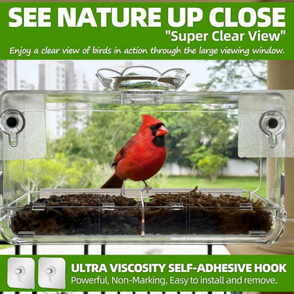 Window Bird Feeder with Non-Marking Self-Adhesive Hooks, Clear and Transparent, Outdoor Wild Bird Watching Gift, Garden Decor