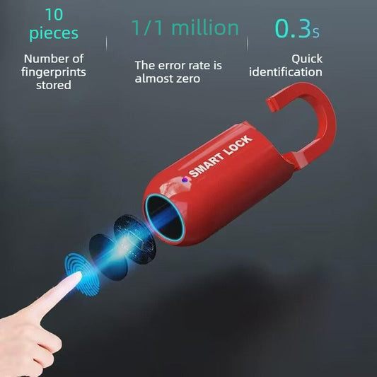 Smart Fingerprint Padlock Portable Luggage Lock Type C Rechargeable Anti Theft Travel Bag Lock-red
