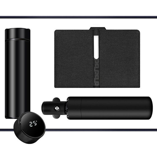 Luxury Corporate Gift Set Temperature Display Bottle Auto Umbrella Notebook, Premium Business Office Gift Hamper, All Weather Practical Employee Client Present-black