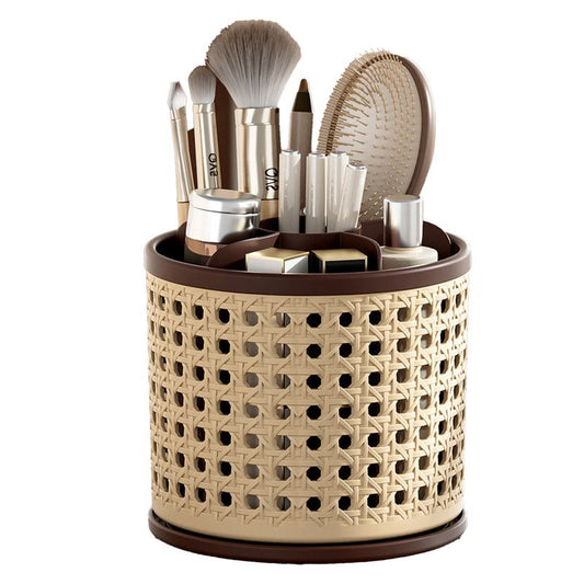 Mid-Century Vintage Makeup Organizer, Desktop Pen Holder, Rotating Storage Rack, Large Capacity, Multi-Compartment, Thickened Plastic Storage Bin
