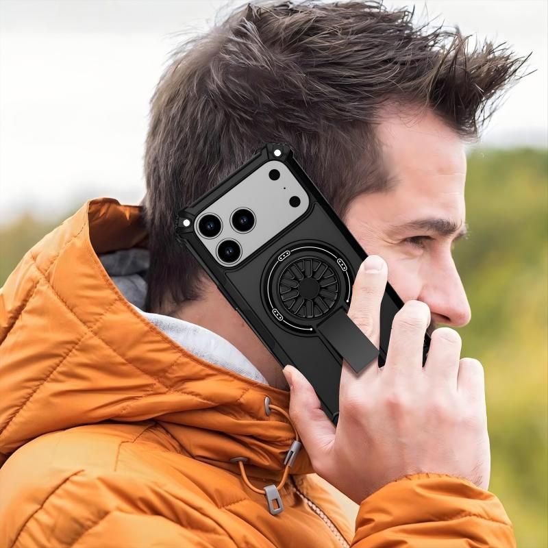 Armor Heavy Duty Magnetic Rotating Ring Kickstand Phone Case For iPhone 17, Anti-Drop Protective Cover In Black