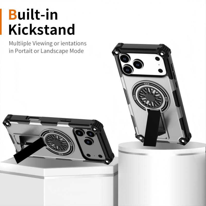 Armor Heavy Duty Magnetic Rotating Ring Kickstand Phone Case For iPhone 17, Anti-Drop Protective Cover In Silver